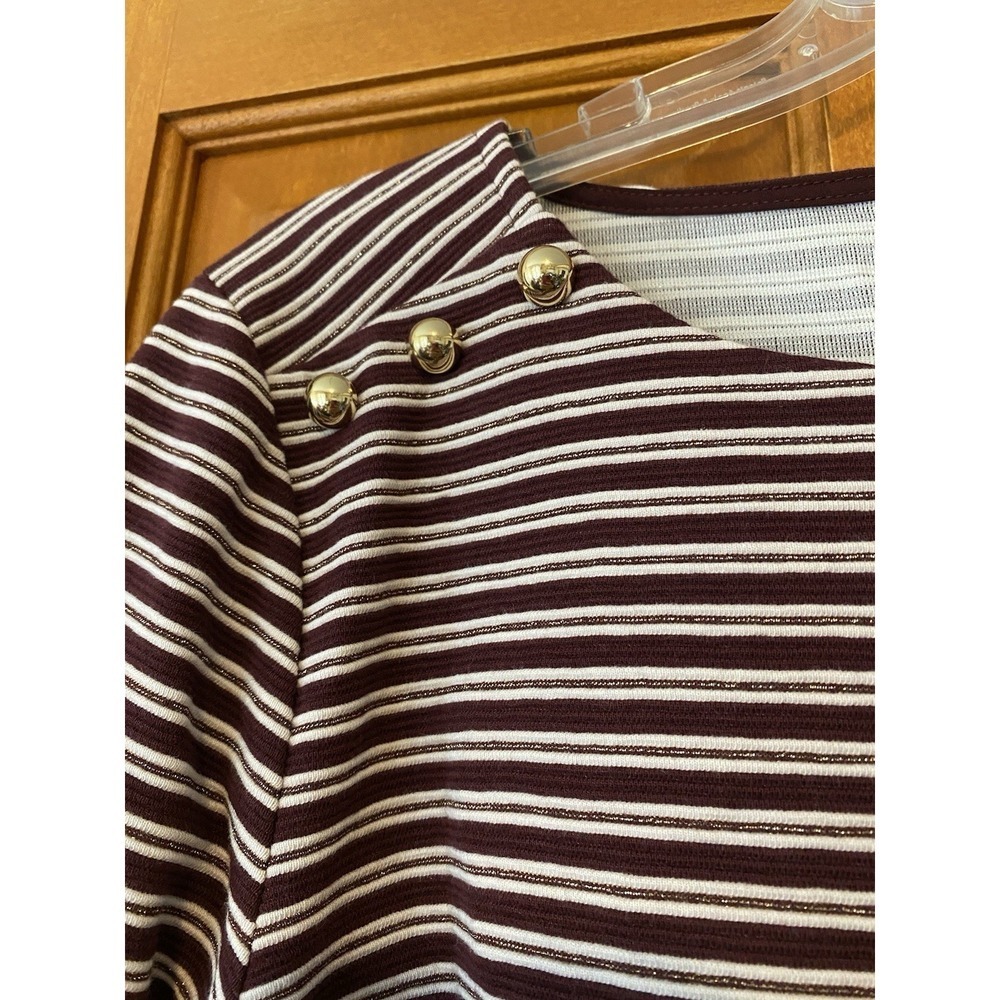 Talbots Blouse Women's Large Stripes Ruffle Holiday Gold Red Metallic Casual Top